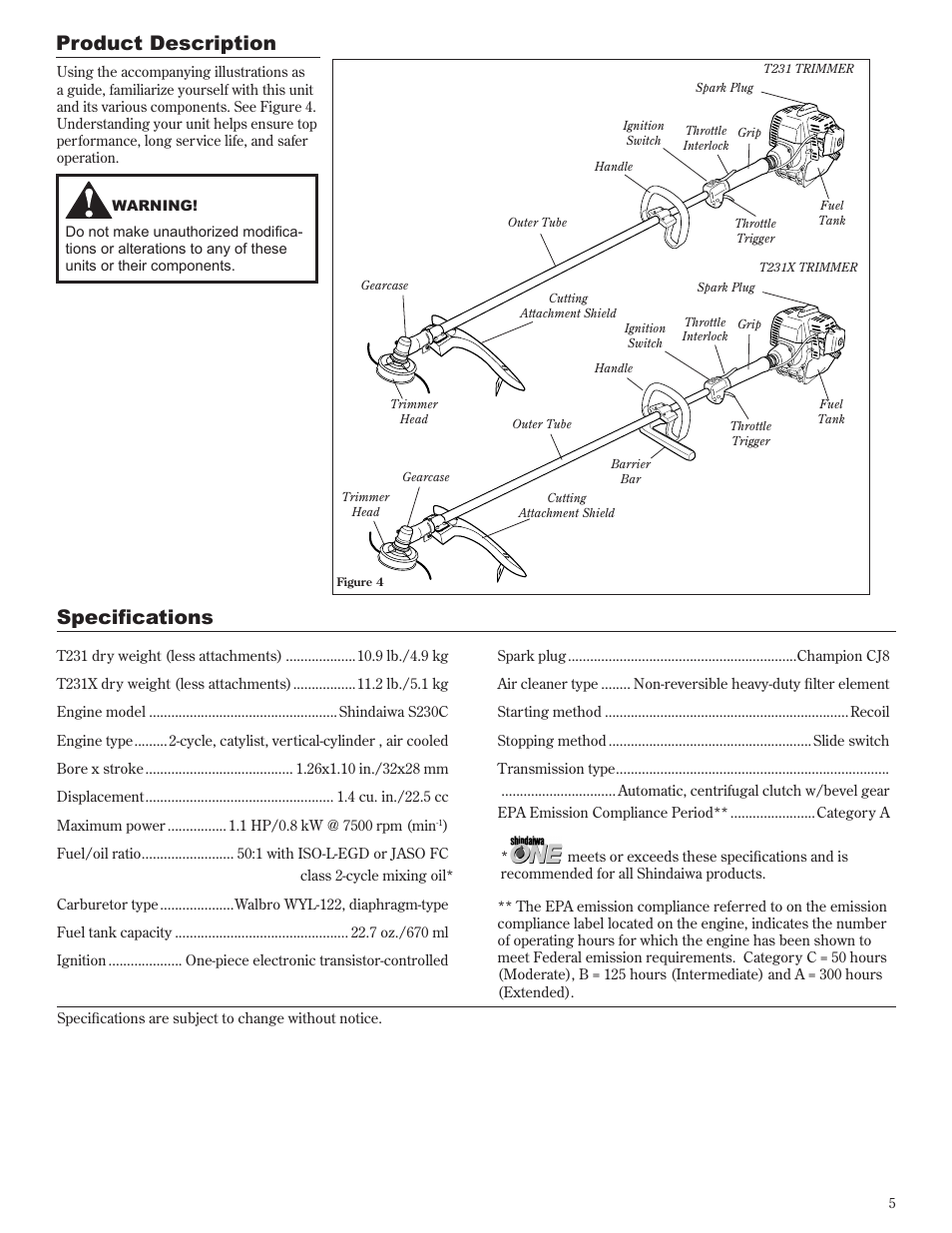 Product description, Specifications | Shindaiwa 81601 User Manual | Page 5 / 40