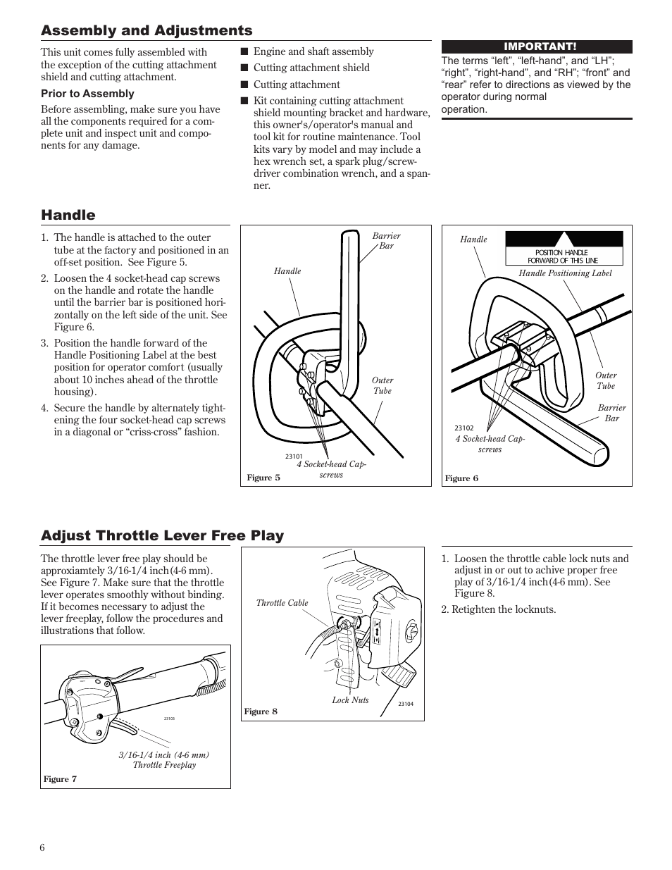 Adjust throttle lever free play, Assembly and adjustments, Handle | Shindaiwa 81601 User Manual | Page 6 / 40