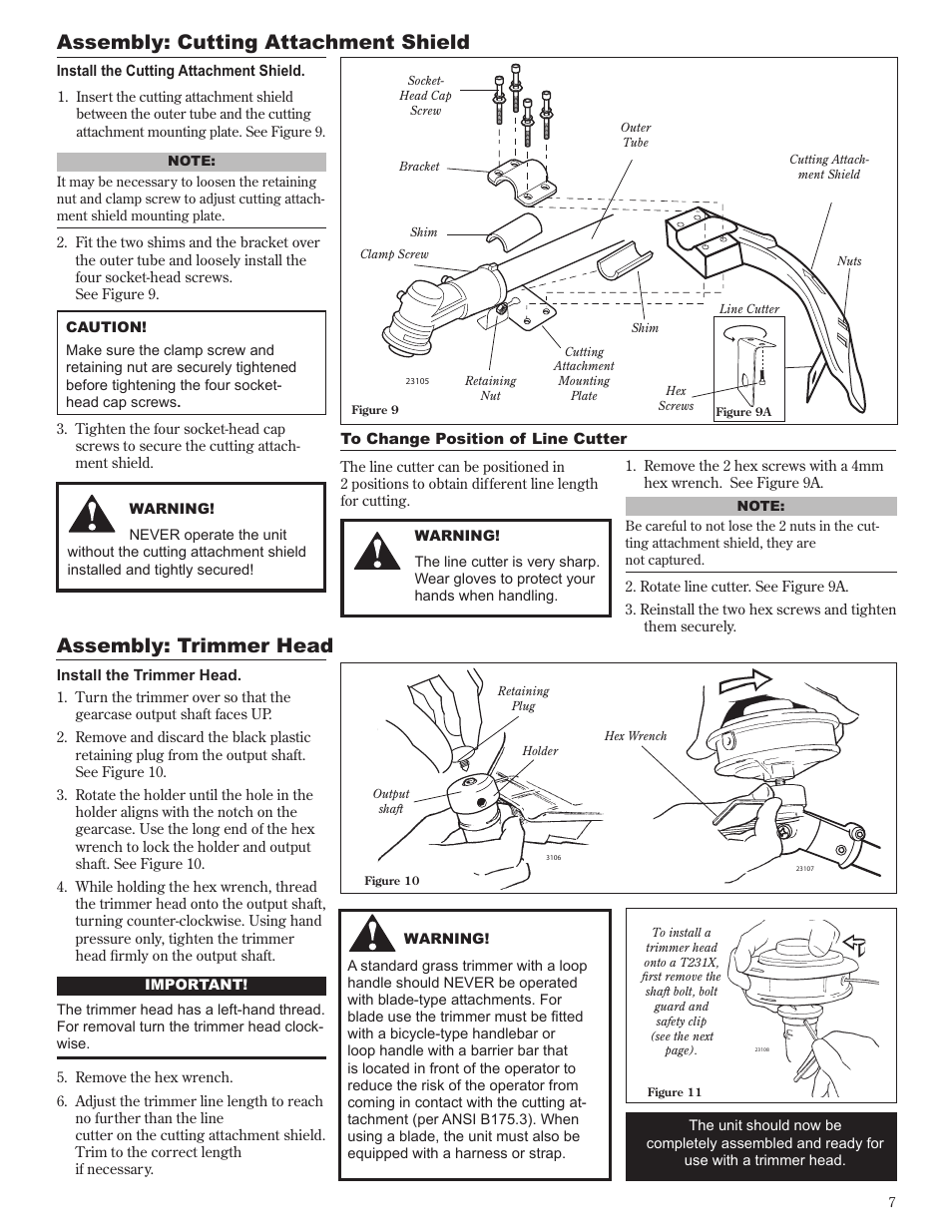 Assembly: trimmer head, Assembly: cutting attachment shield | Shindaiwa 81601 User Manual | Page 7 / 40