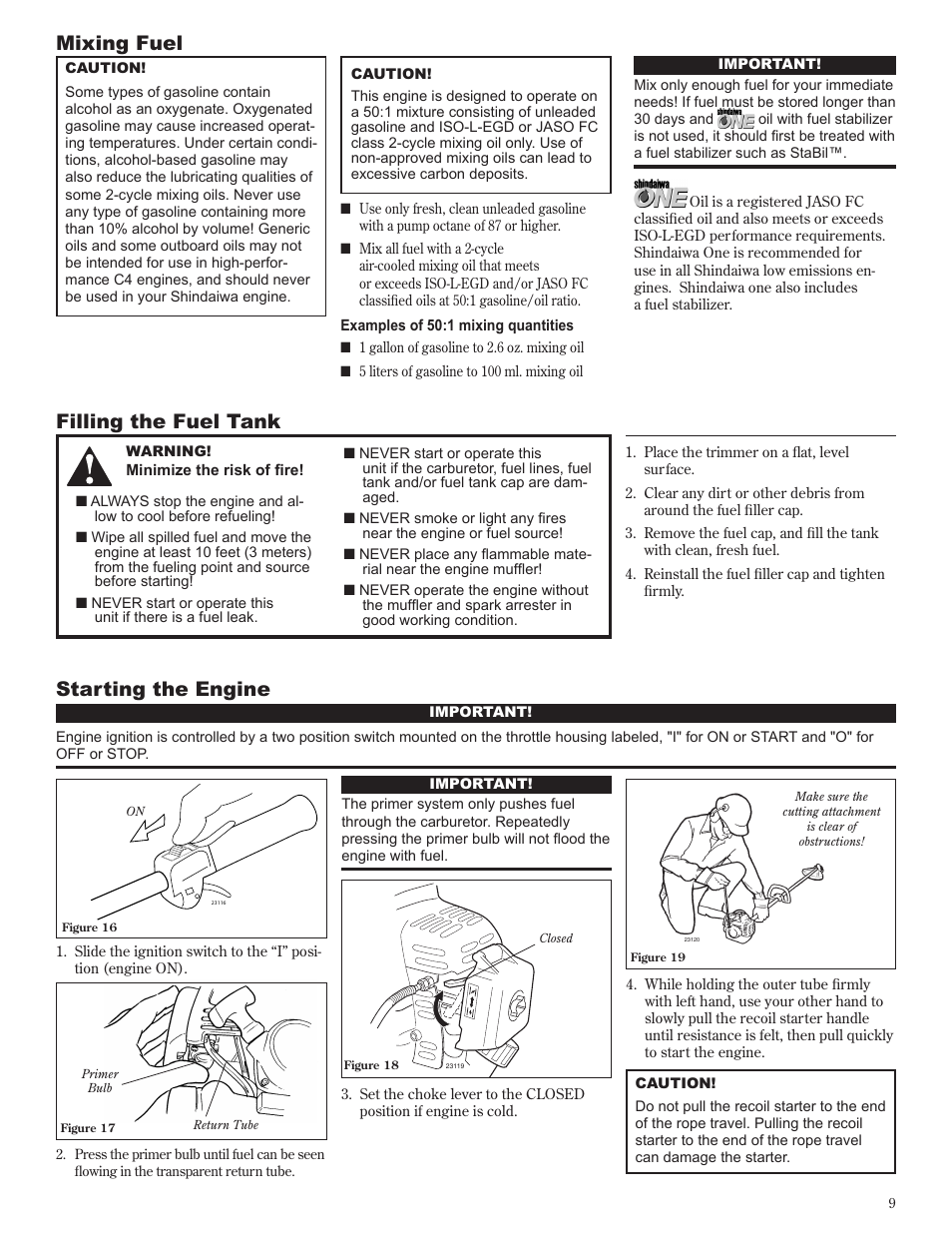 Starting the engine, Mixing fuel, Filling the fuel tank | Shindaiwa 81601 User Manual | Page 9 / 40