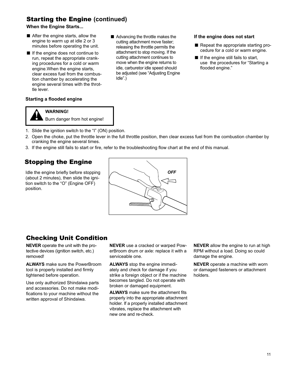 Stopping the engine, Checking unit condition, Starting the engine (continued) | Shindaiwa PowerBroom PS344 User Manual | Page 11 / 28