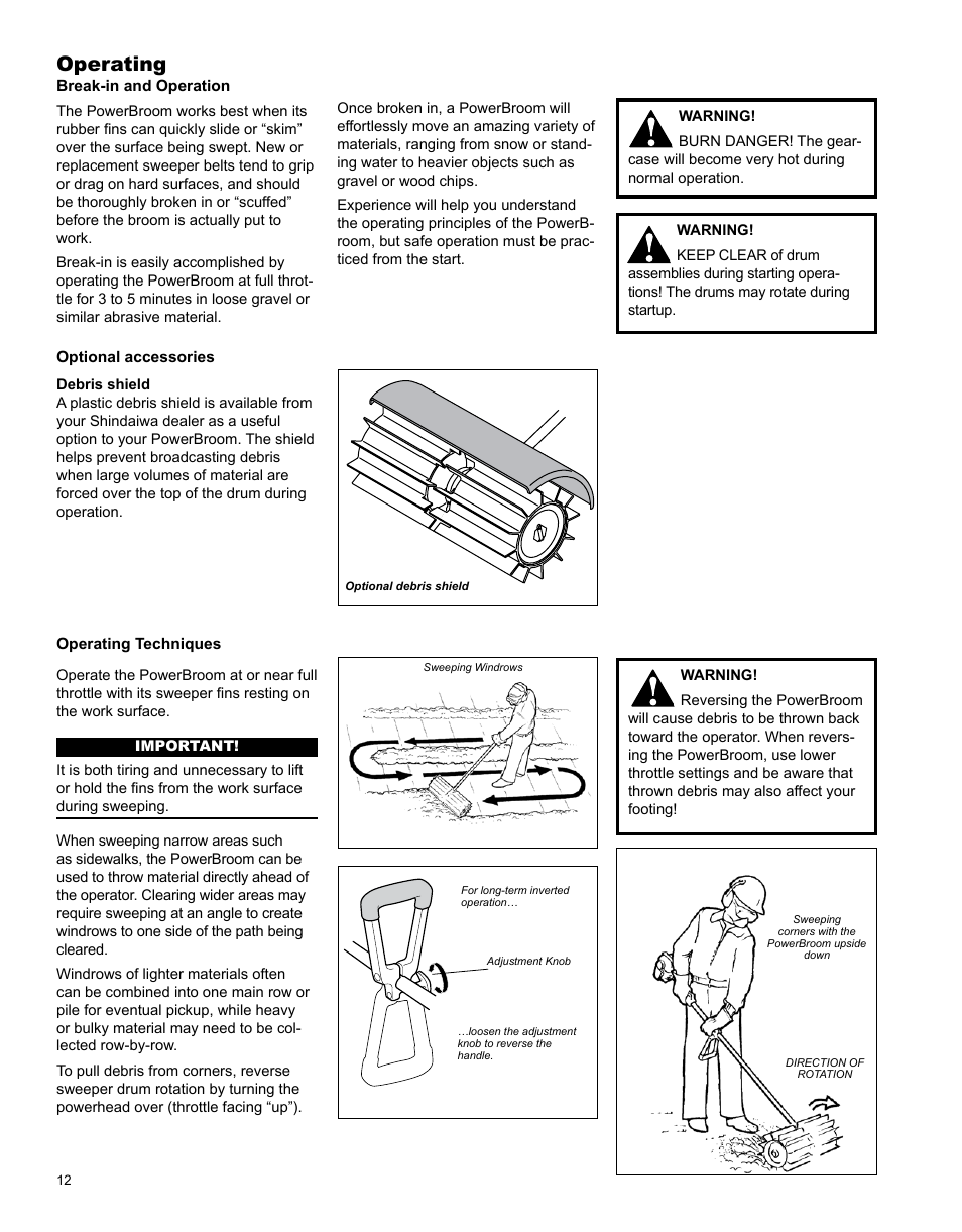 Operating | Shindaiwa PowerBroom PS344 User Manual | Page 12 / 28