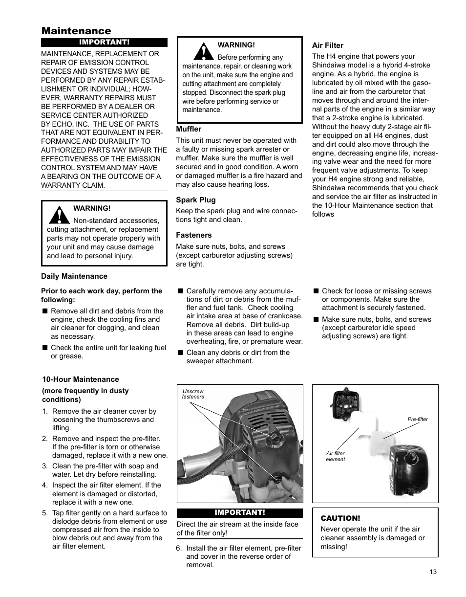 Maintenance | Shindaiwa PowerBroom PS344 User Manual | Page 13 / 28