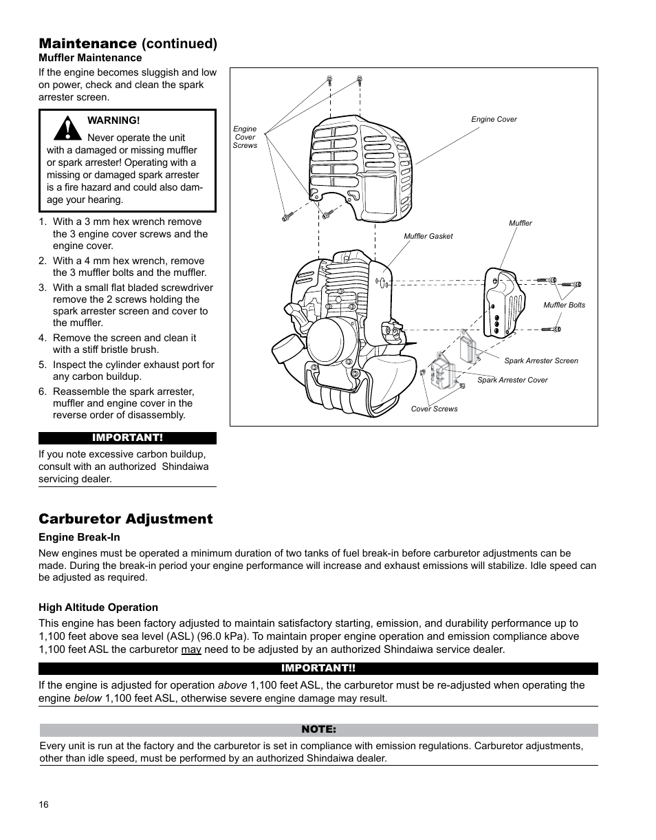 Maintenance (continued), Carburetor adjustment | Shindaiwa PowerBroom PS344 User Manual | Page 16 / 28