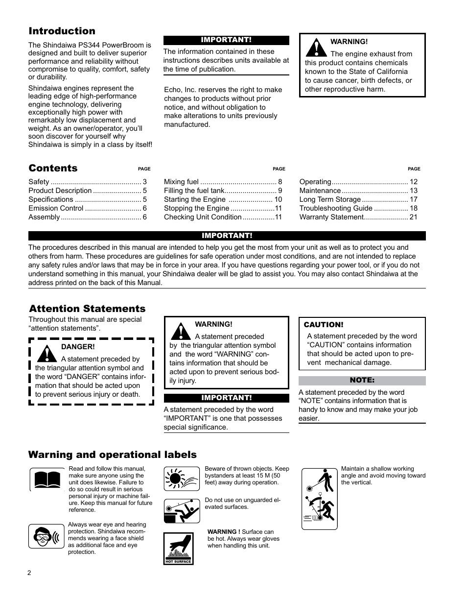 Shindaiwa PowerBroom PS344 User Manual | Page 2 / 28