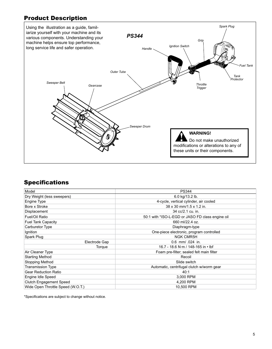 Product description, Specifications, Ps344 | Shindaiwa PowerBroom PS344 User Manual | Page 5 / 28