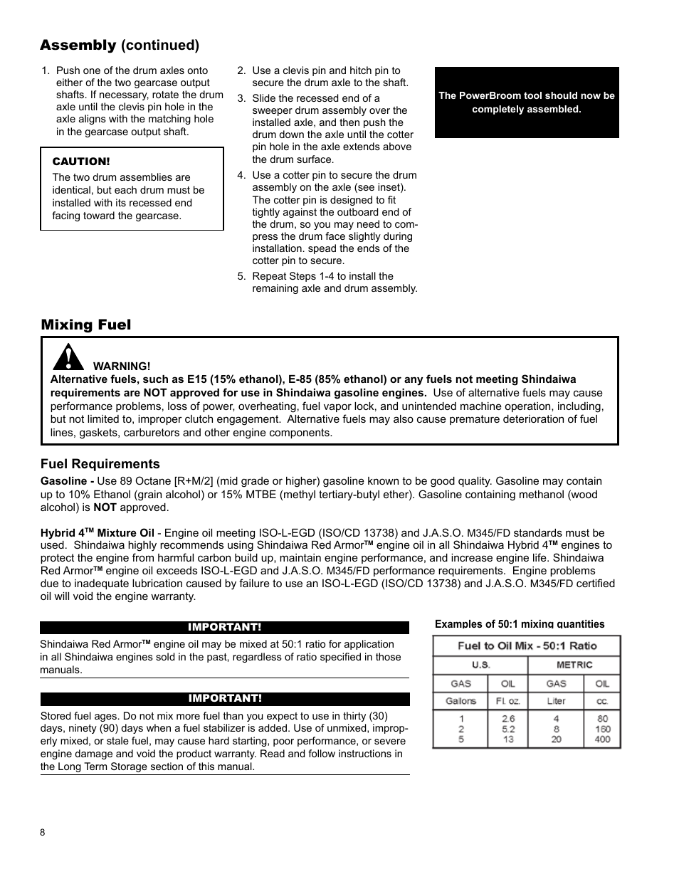 Assembly (continued), Mixing fuel, Fuel requirements | Shindaiwa PowerBroom PS344 User Manual | Page 8 / 28