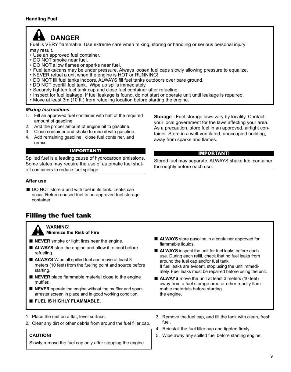 Danger, Filling the fuel tank | Shindaiwa PowerBroom PS344 User Manual | Page 9 / 28