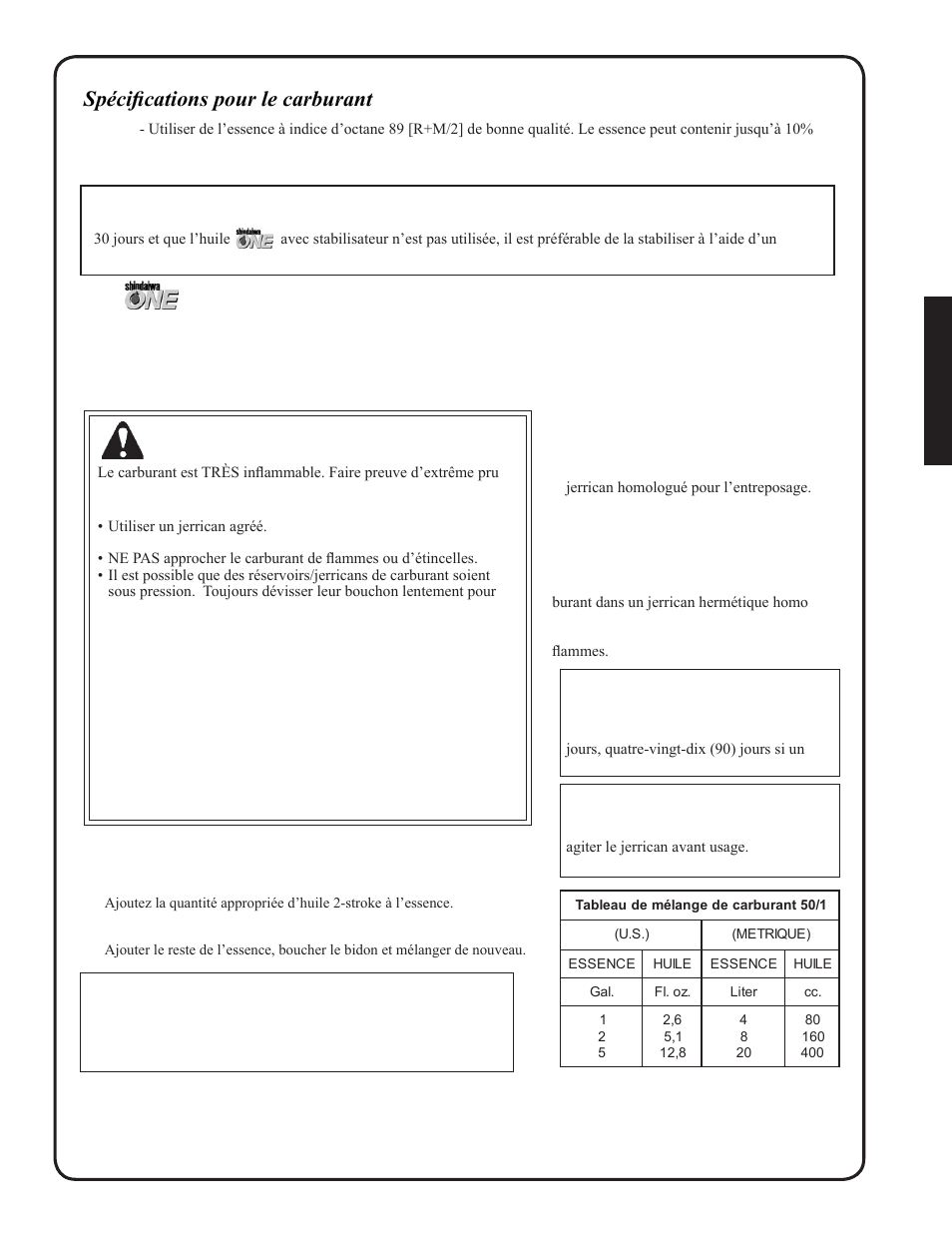 Manipulation du carburant danger, Spécifications pour le carburant, Instructions de mélange | Shindaiwa SV212 User Manual | Page 67 / 84