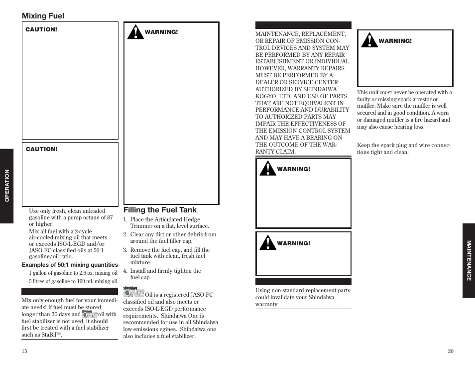 Filling the fuel tank, Mixing fuel, General maintenance | Shindaiwa 63848-94010 User Manual | Page 16 / 18