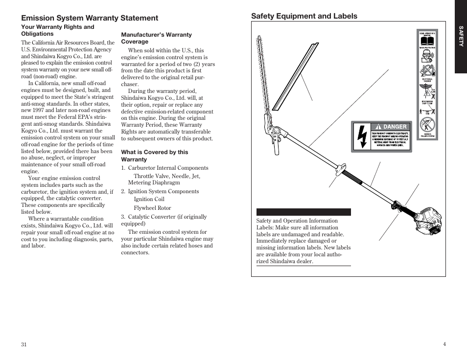 Safety equipment and labels, Emission system warranty statement | Shindaiwa 63848-94010 User Manual | Page 5 / 18