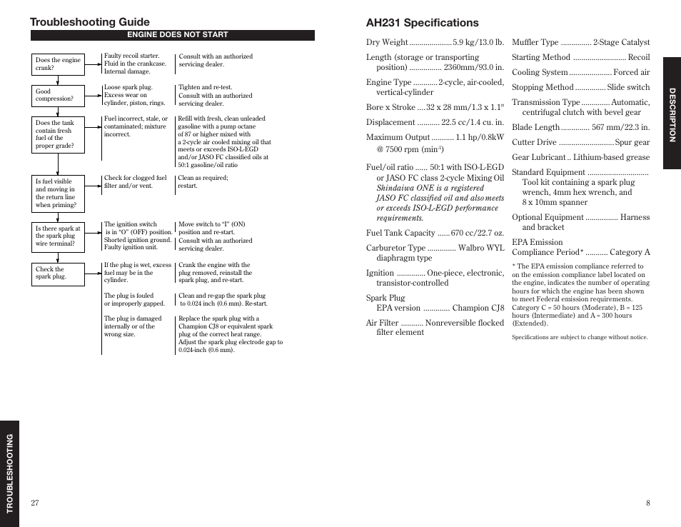 Ah231 specifications, Troubleshooting guide | Shindaiwa 63848-94010 User Manual | Page 9 / 18