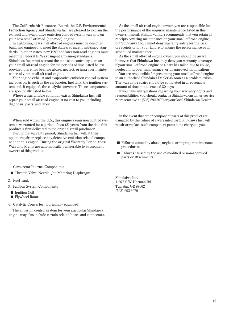 Emission system warranty statement | Shindaiwa EB8520 User Manual | Page 19 / 60