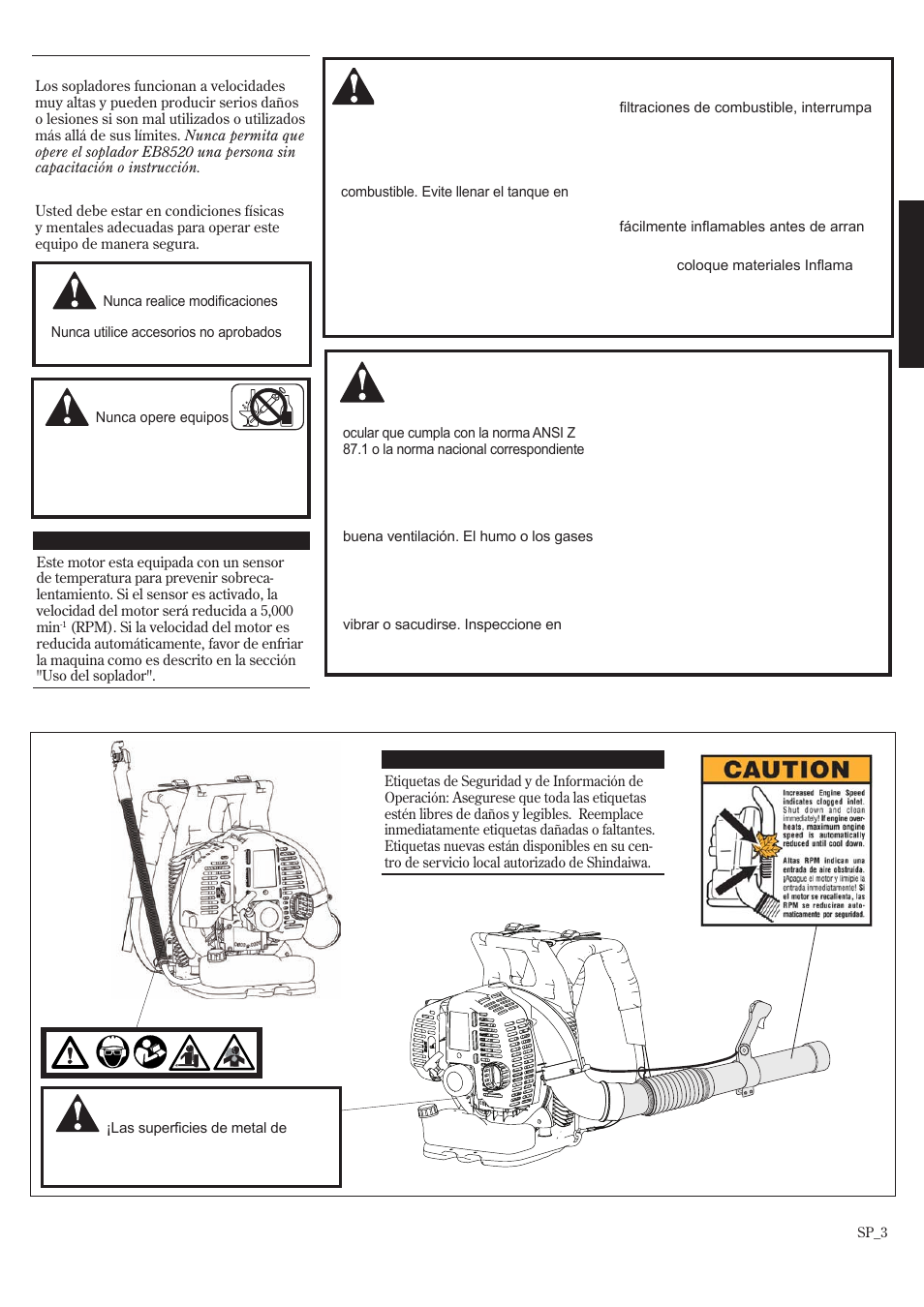 Instrucciones generales de seguridad, Etiquetas de seguridad | Shindaiwa EB8520 User Manual | Page 23 / 60
