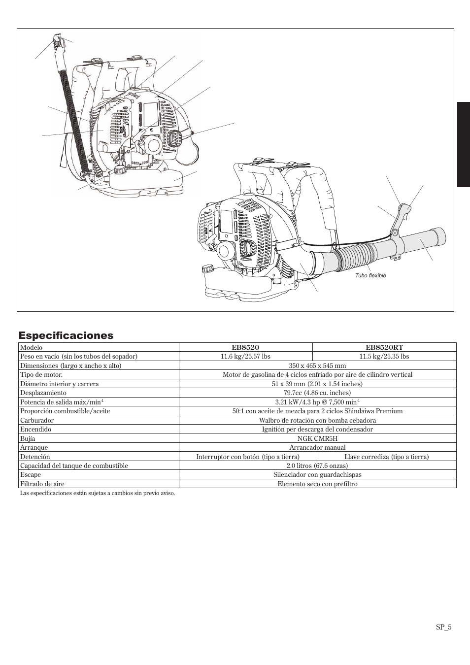Especificaciones, Descripción de la unidad | Shindaiwa EB8520 User Manual | Page 25 / 60
