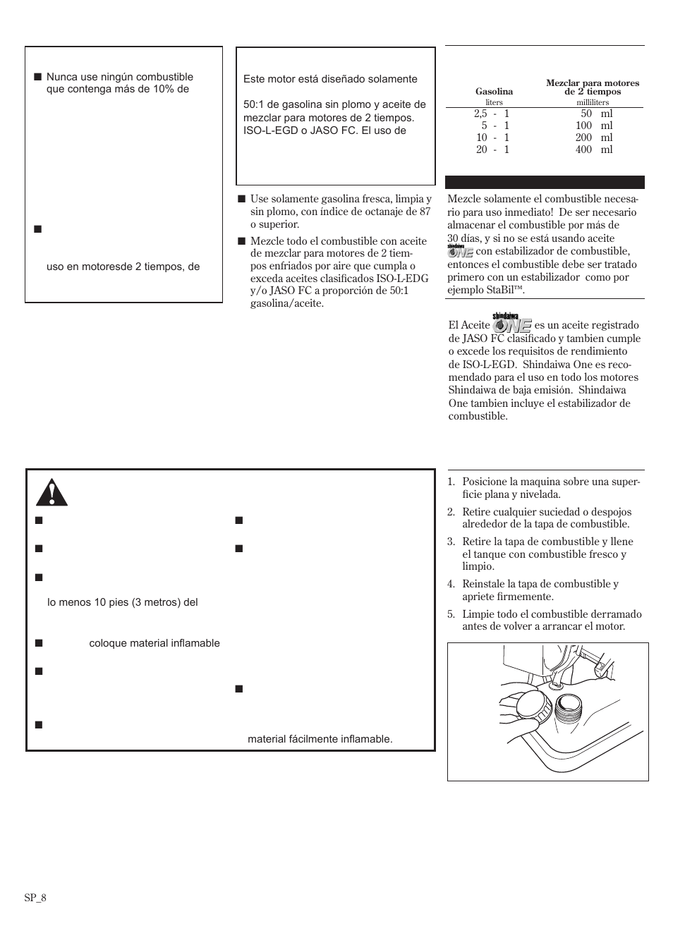 Mezcla de combustible, Llenando el tanque de combustible | Shindaiwa EB8520 User Manual | Page 28 / 60