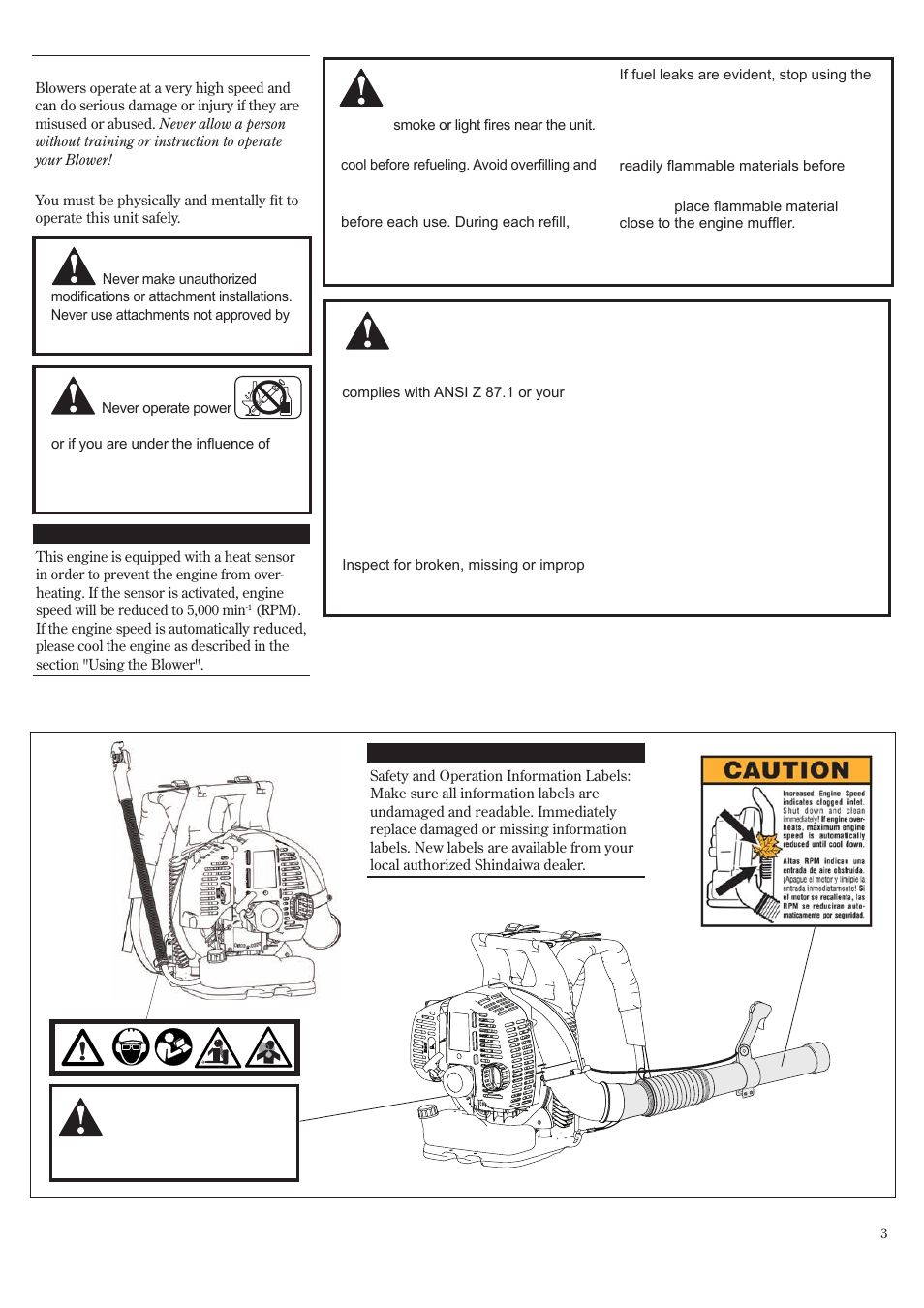 General safety instructions, Safety labels | Shindaiwa EB8520 User Manual | Page 3 / 60