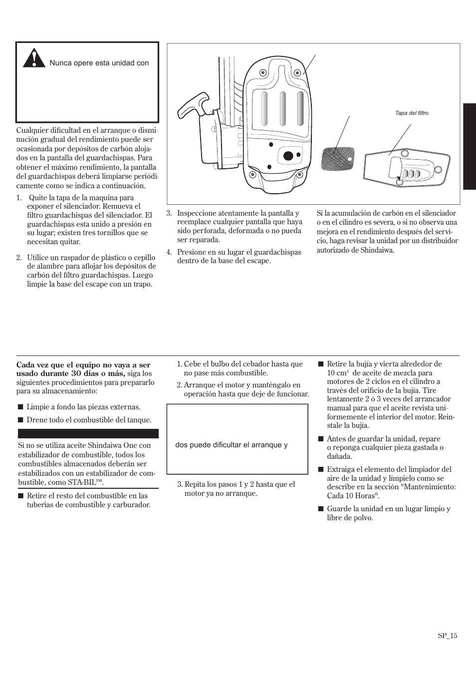 Almacenamiento prolongado, Mantenimiento (continuacion) | Shindaiwa EB8520 User Manual | Page 35 / 60