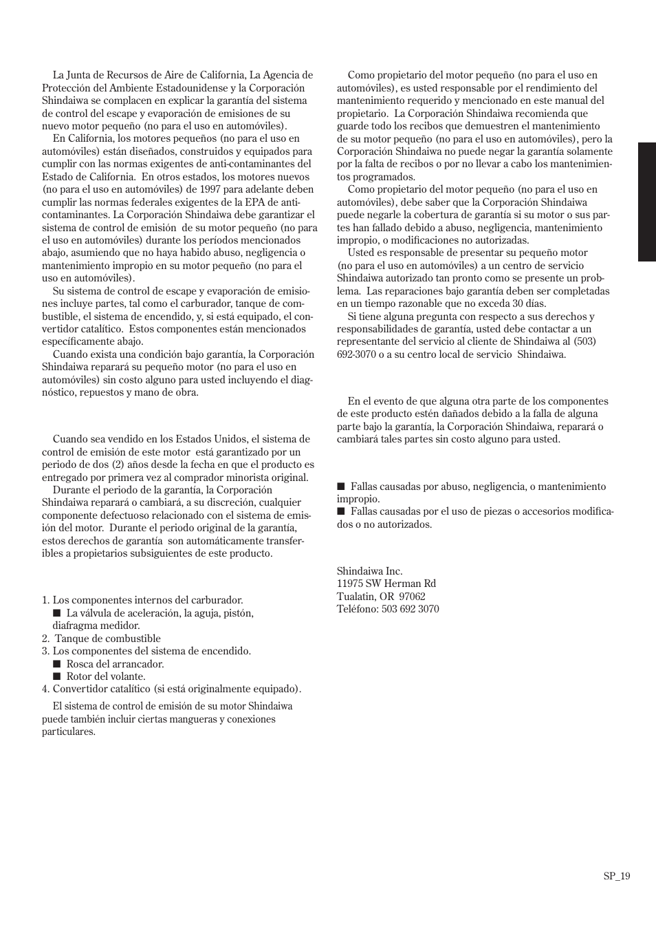 Declaración de garantía del sistema de emisión | Shindaiwa EB8520 User Manual | Page 39 / 60