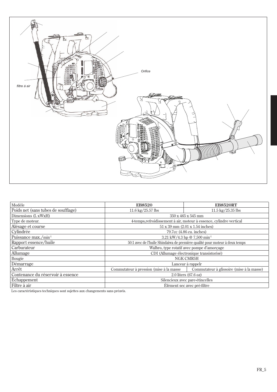 Caractéristiques techniques, Description de l’appareil | Shindaiwa EB8520 User Manual | Page 45 / 60