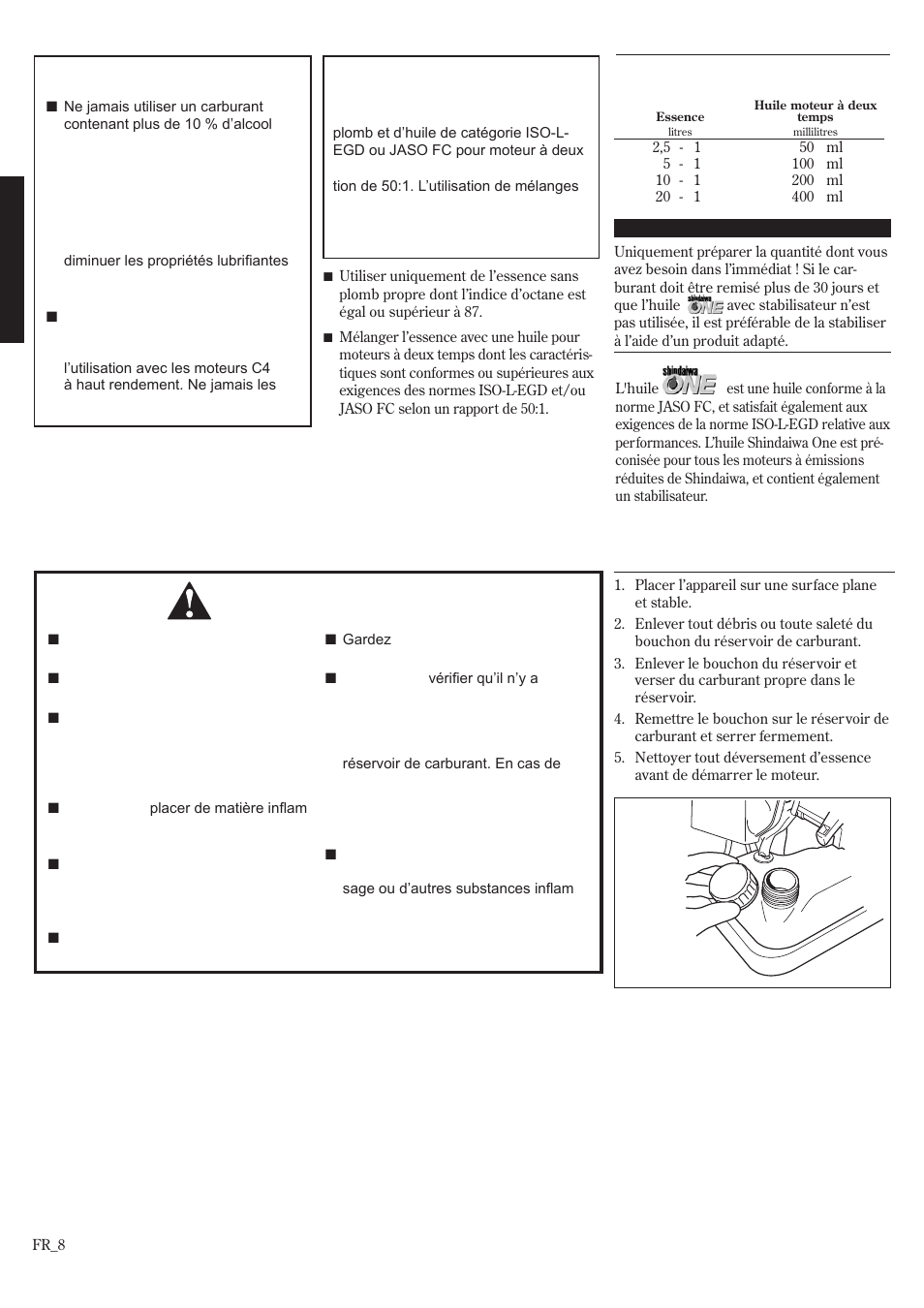 Mélange de carburant, Remplissage du réservoir à carburant | Shindaiwa EB8520 User Manual | Page 48 / 60