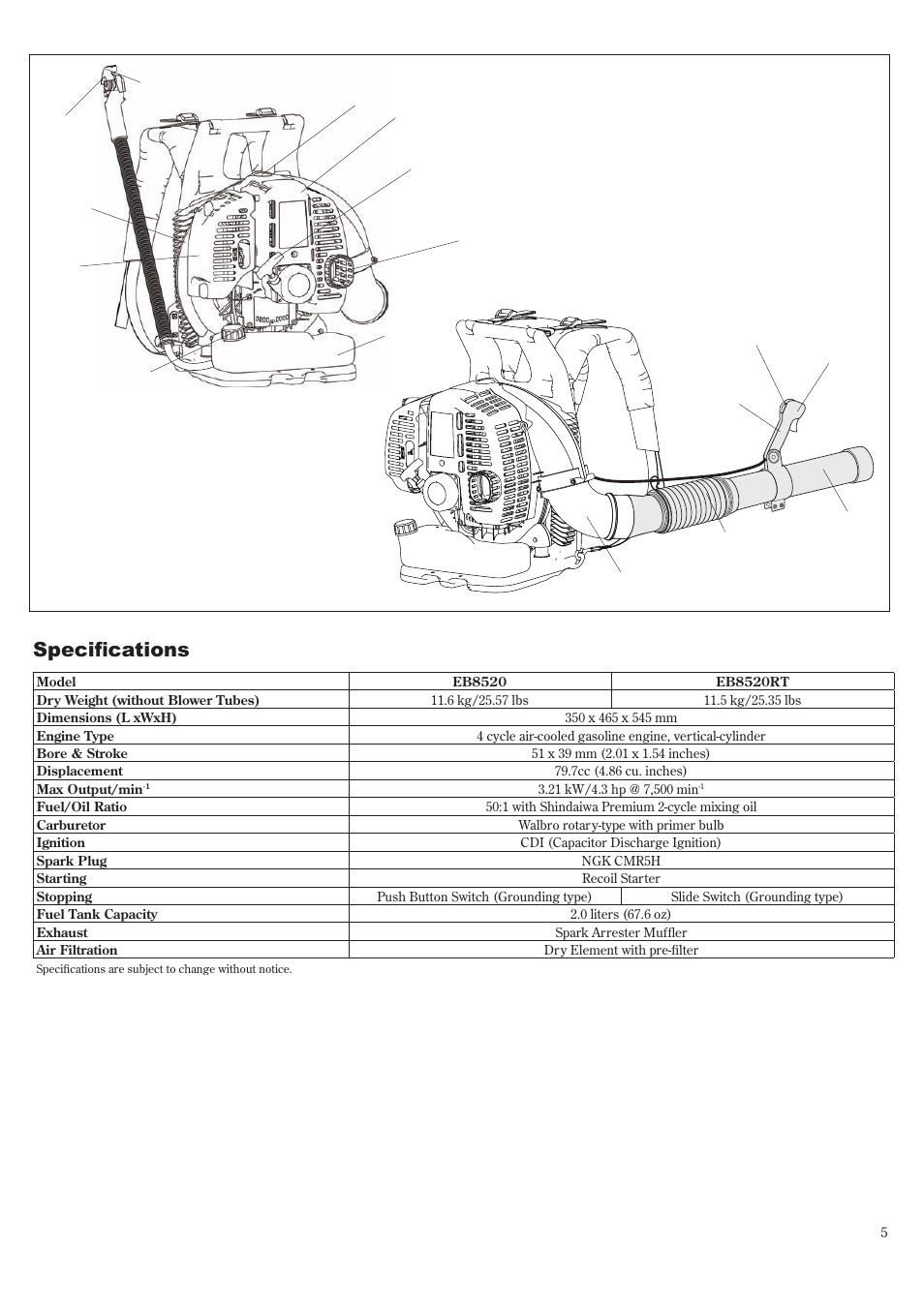 Unit description, Specifications | Shindaiwa EB8520 User Manual | Page 5 / 60