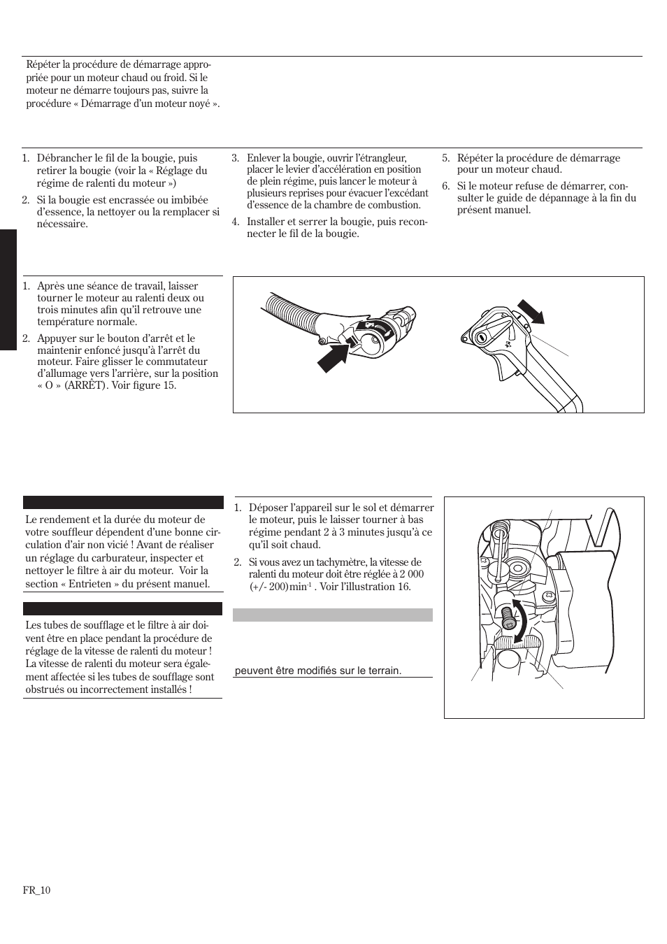 Réglage du régime de ralenti du moteur, Démarrage du moteur (suite) arrêt du moteur | Shindaiwa EB8520 User Manual | Page 50 / 60