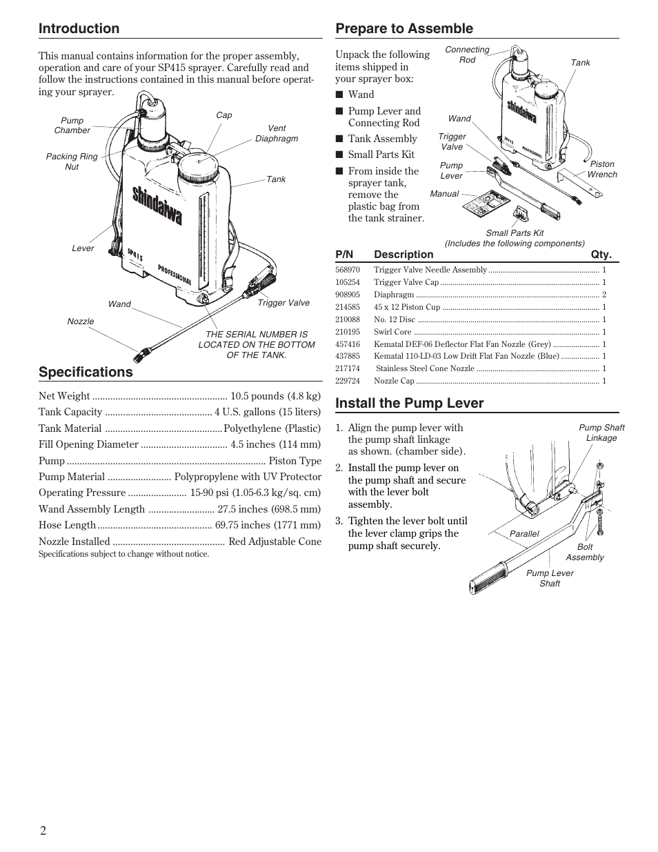 Specifications, Introduction, Install the pump lever | Prepare to assemble | Shindaiwa SP415 User Manual | Page 2 / 12