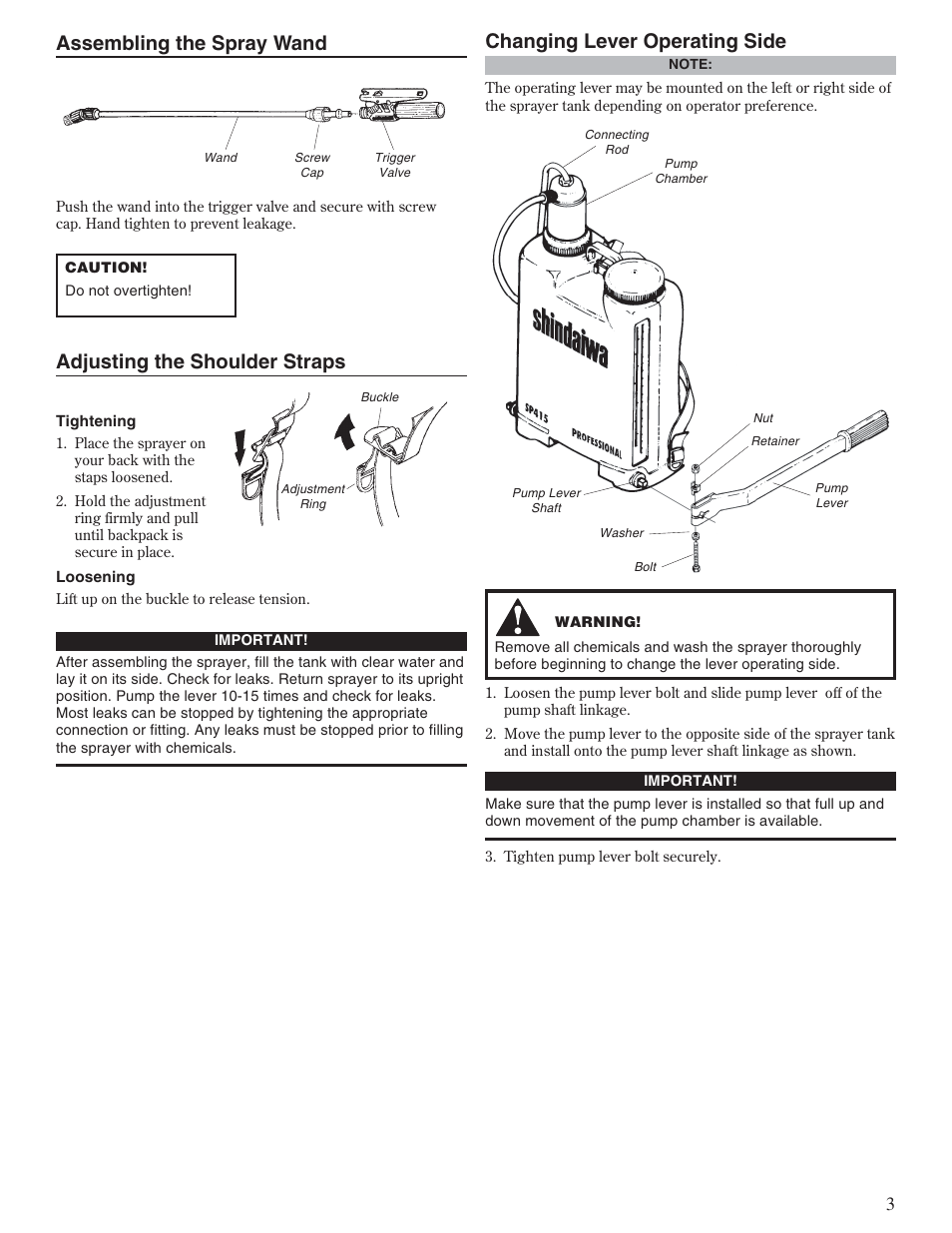 Assembling the spray wand, Adjusting the shoulder straps, Changing lever operating side | Shindaiwa SP415 User Manual | Page 3 / 12