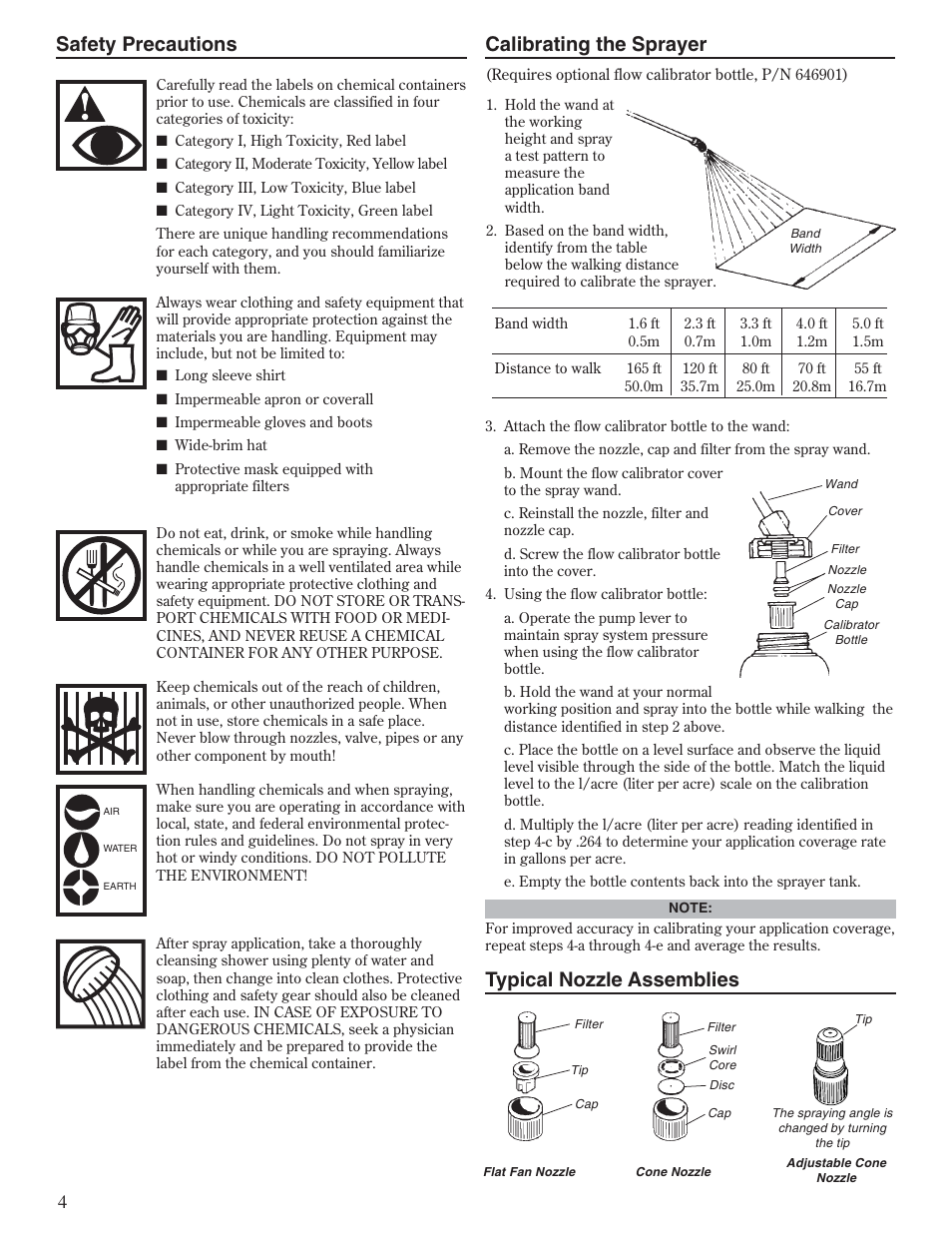 Calibrating the sprayer safety precautions, Typical nozzle assemblies | Shindaiwa SP415 User Manual | Page 4 / 12