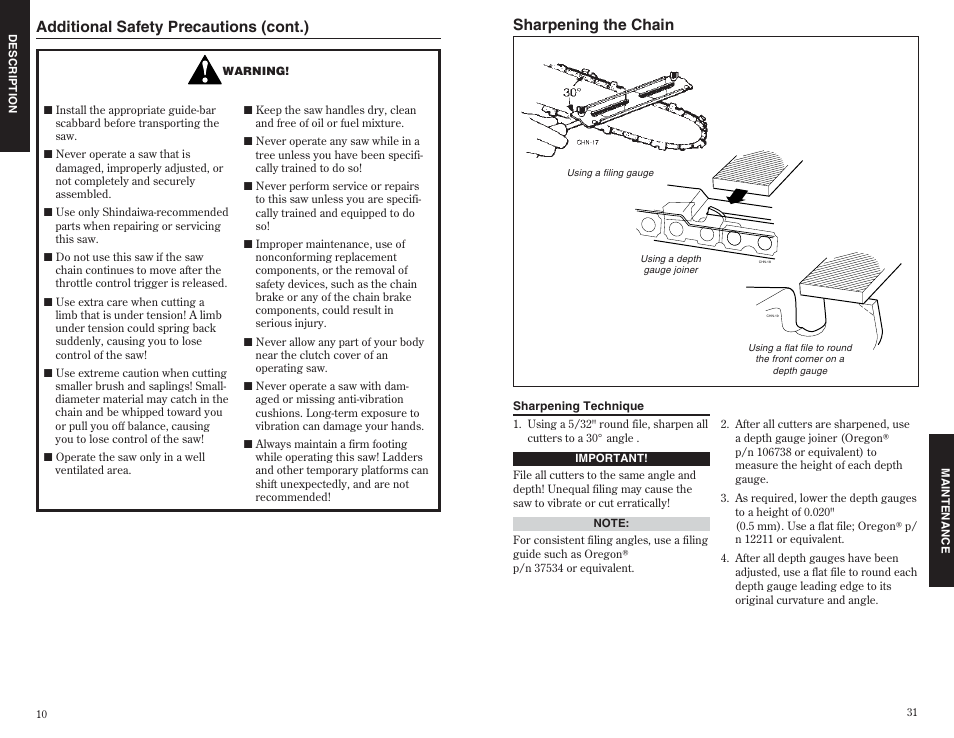 Additional safety precautions (cont.), Sharpening the chain | Shindaiwa 35701 User Manual | Page 10 / 20