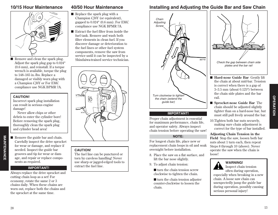 40/50 hour maintenance, 10/15 hour maintenance | Shindaiwa 35701 User Manual | Page 13 / 20