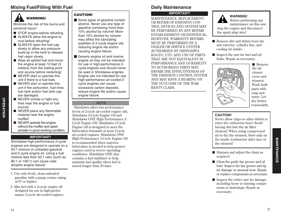 Mixing fuel/filling with fuel, Daily maintenance | Shindaiwa 35701 User Manual | Page 14 / 20