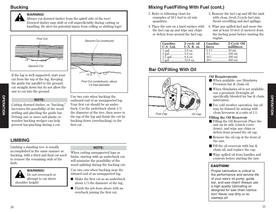 Bar oil/filling with oil, Mixing fuel/filling with fuel (cont.), Bucking | Limbing | Shindaiwa 35701 User Manual | Page 15 / 20