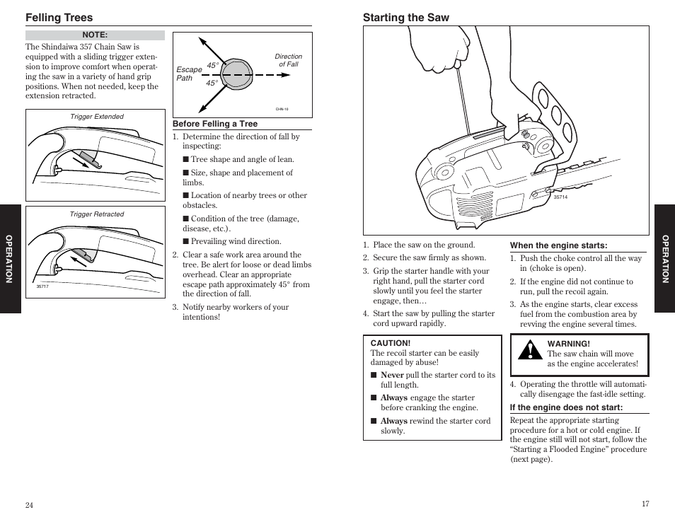 Starting the saw, Felling trees | Shindaiwa 35701 User Manual | Page 17 / 20