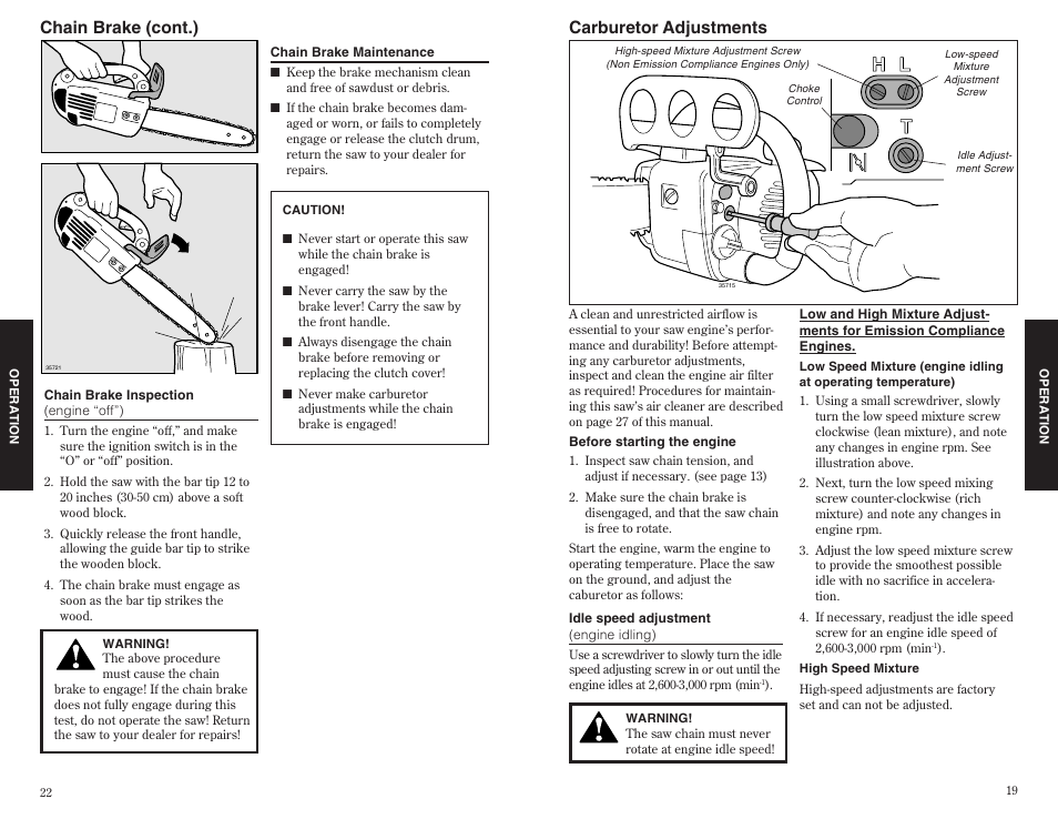 Carburetor adjustments, Chain brake (cont.) | Shindaiwa 35701 User Manual | Page 19 / 20