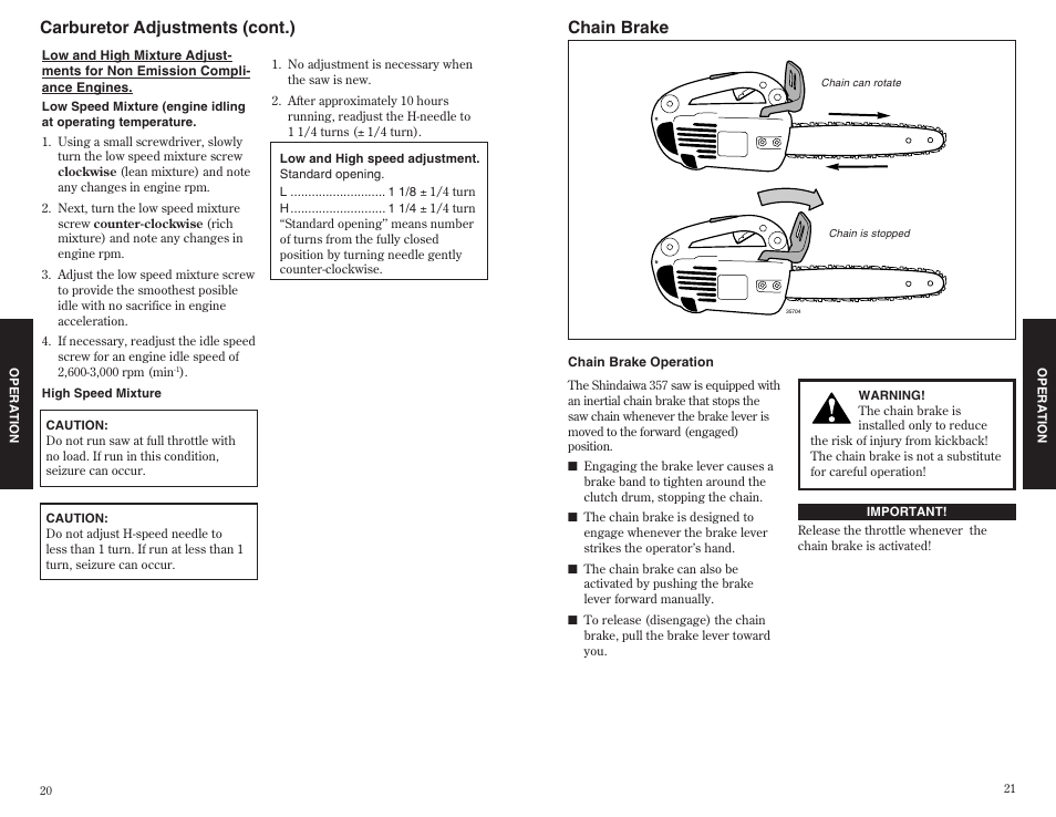 Carburetor adjustments (cont.), Chain brake | Shindaiwa 35701 User Manual | Page 20 / 20