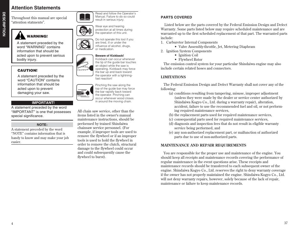 Attention statements | Shindaiwa 35701 User Manual | Page 4 / 20