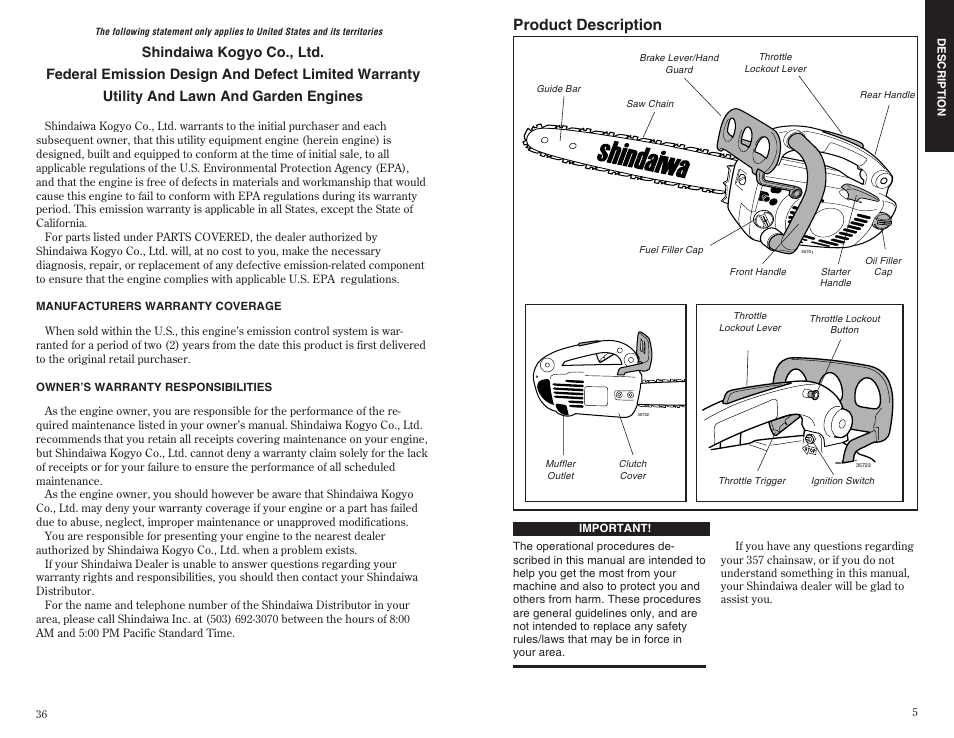 Product description | Shindaiwa 35701 User Manual | Page 5 / 20