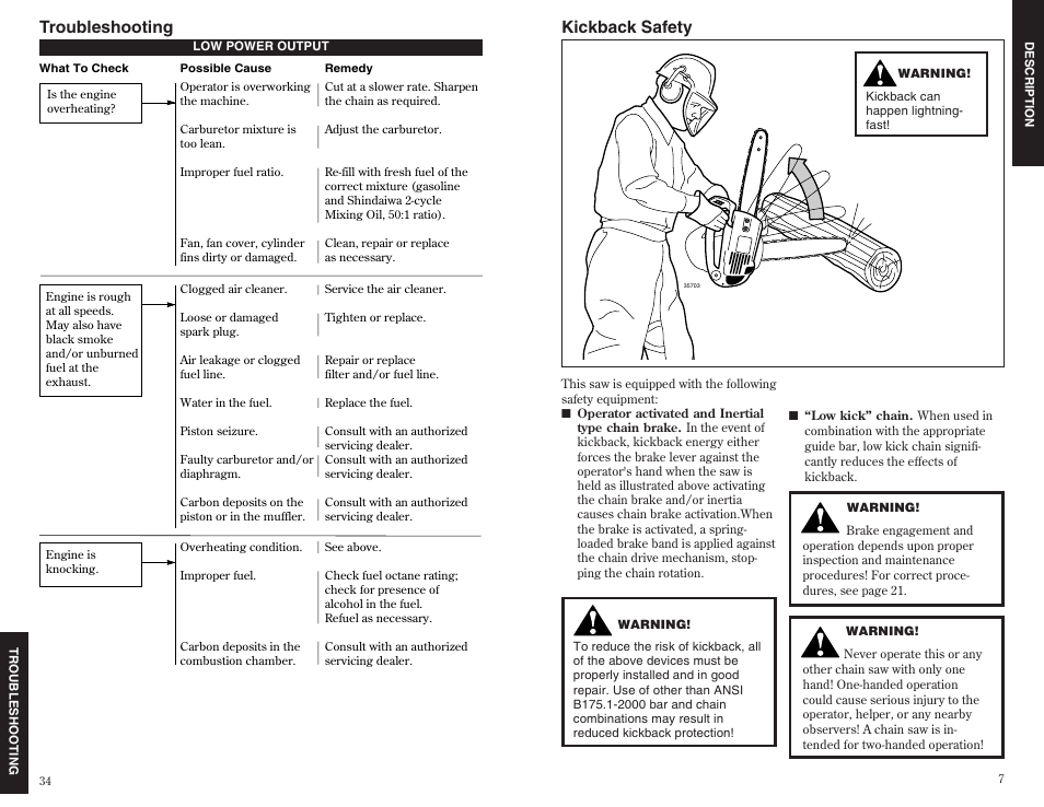 Kickback safety, Troubleshooting | Shindaiwa 35701 User Manual | Page 7 / 20