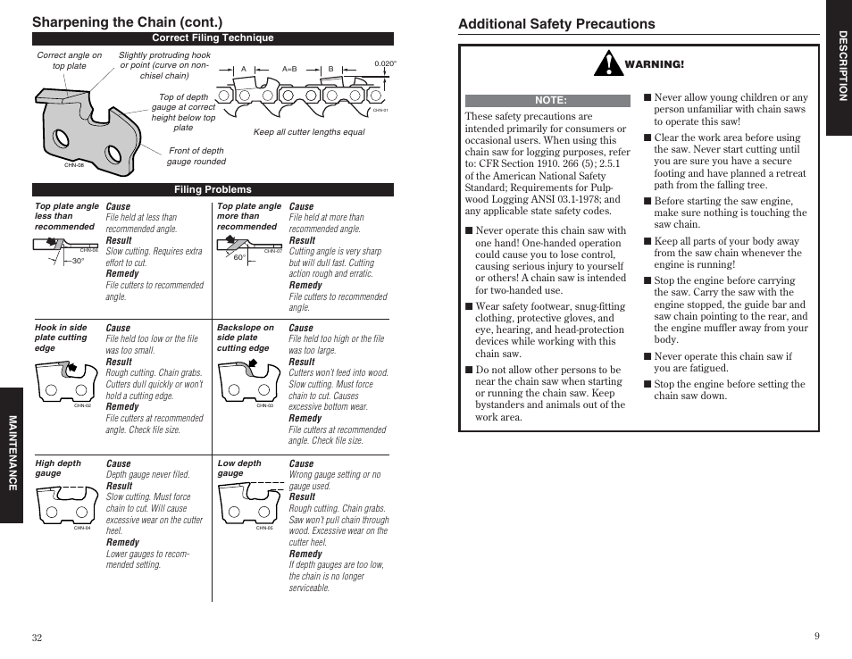 Additional safety precautions, Sharpening the chain (cont.) | Shindaiwa 35701 User Manual | Page 9 / 20