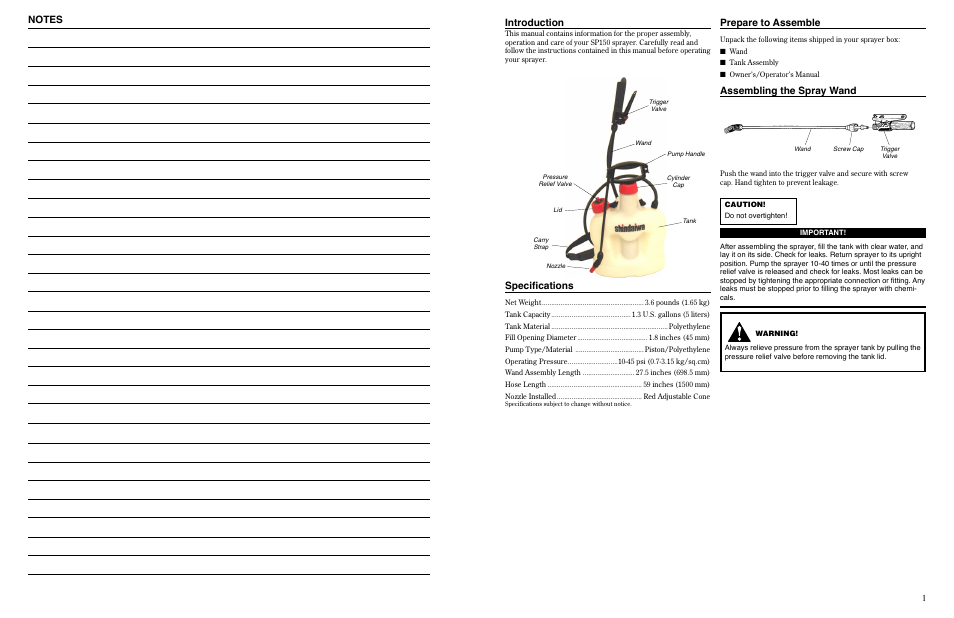 Speciﬁcations, Prepare to assemble introduction, Assembling the spray wand | Shindaiwa SP150 User Manual | Page 3 / 6