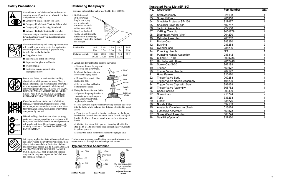 Calibrating the sprayer safety precautions, Typical nozzle assemblies, Illustrated parts list (sp150) | Shindaiwa SP150 User Manual | Page 4 / 6