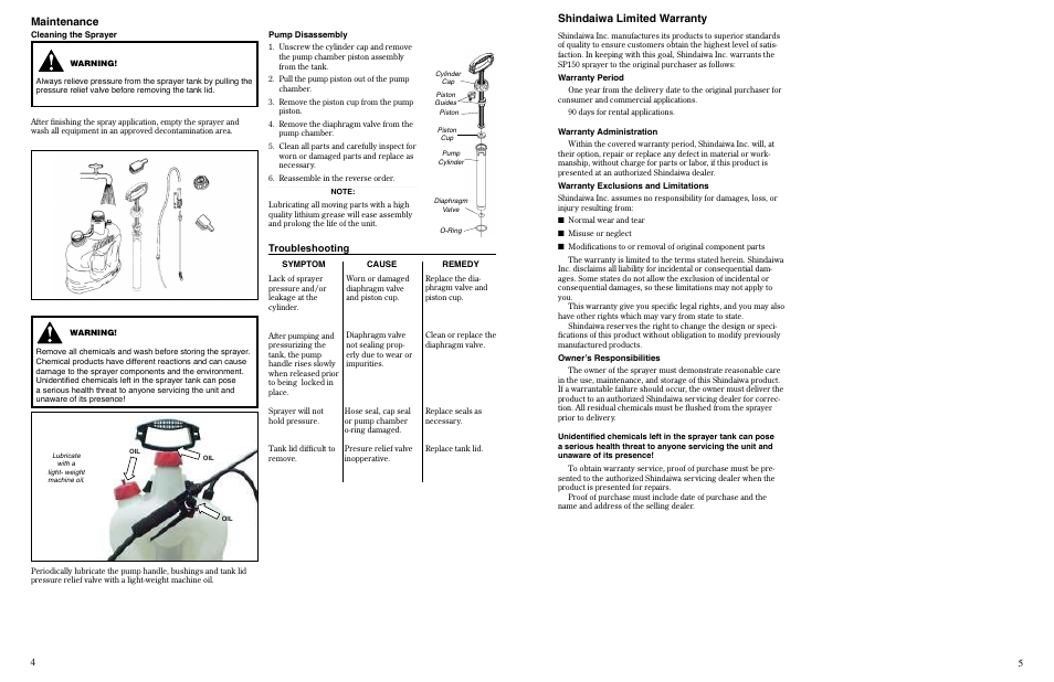 Maintenance, Shindaiwa limited warranty, Troubleshooting | Shindaiwa SP150 User Manual | Page 6 / 6