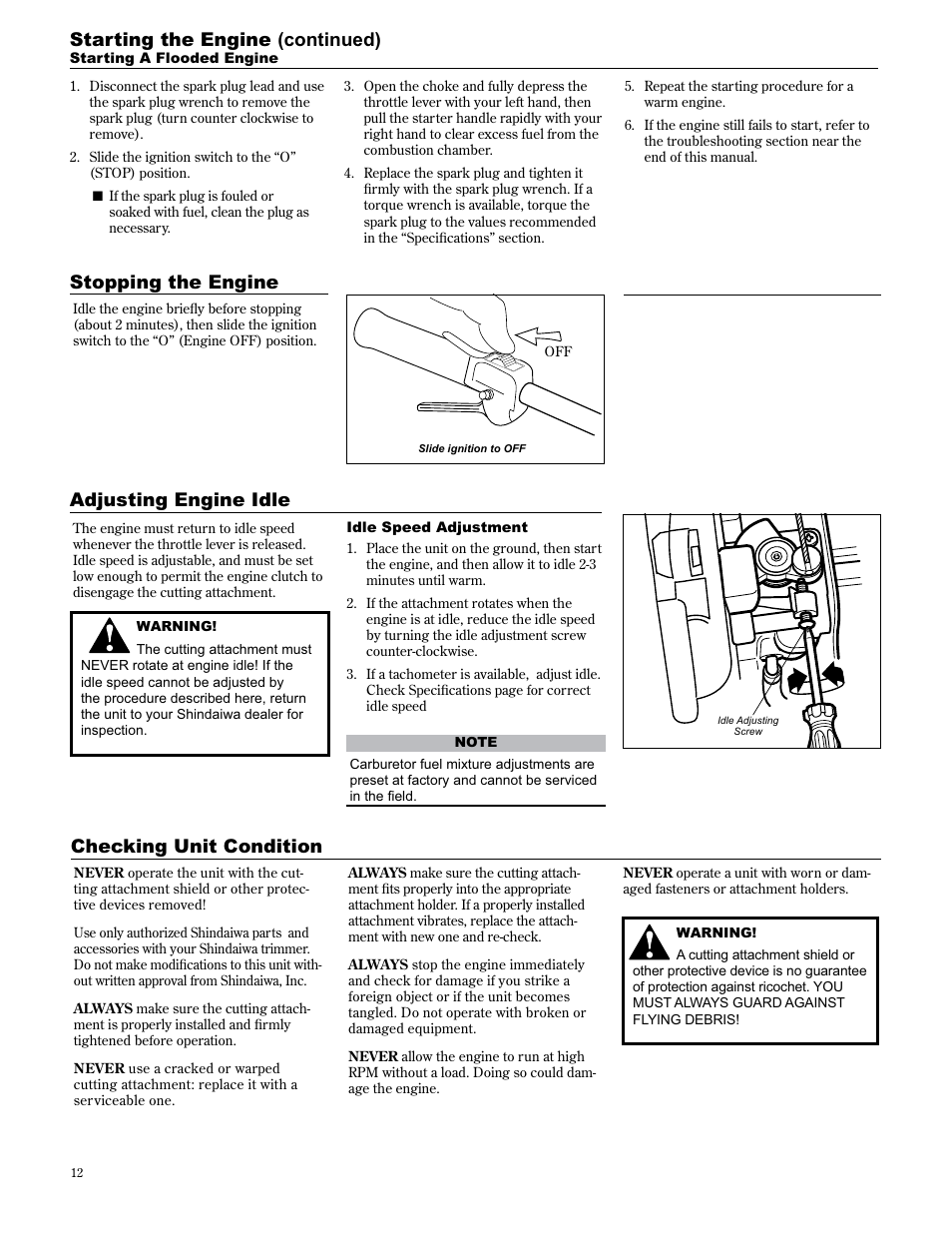 Checking unit condition, Stopping the engine adjusting engine idle, Starting the engine (continued) | Shindaiwa 89300 User Manual | Page 12 / 72