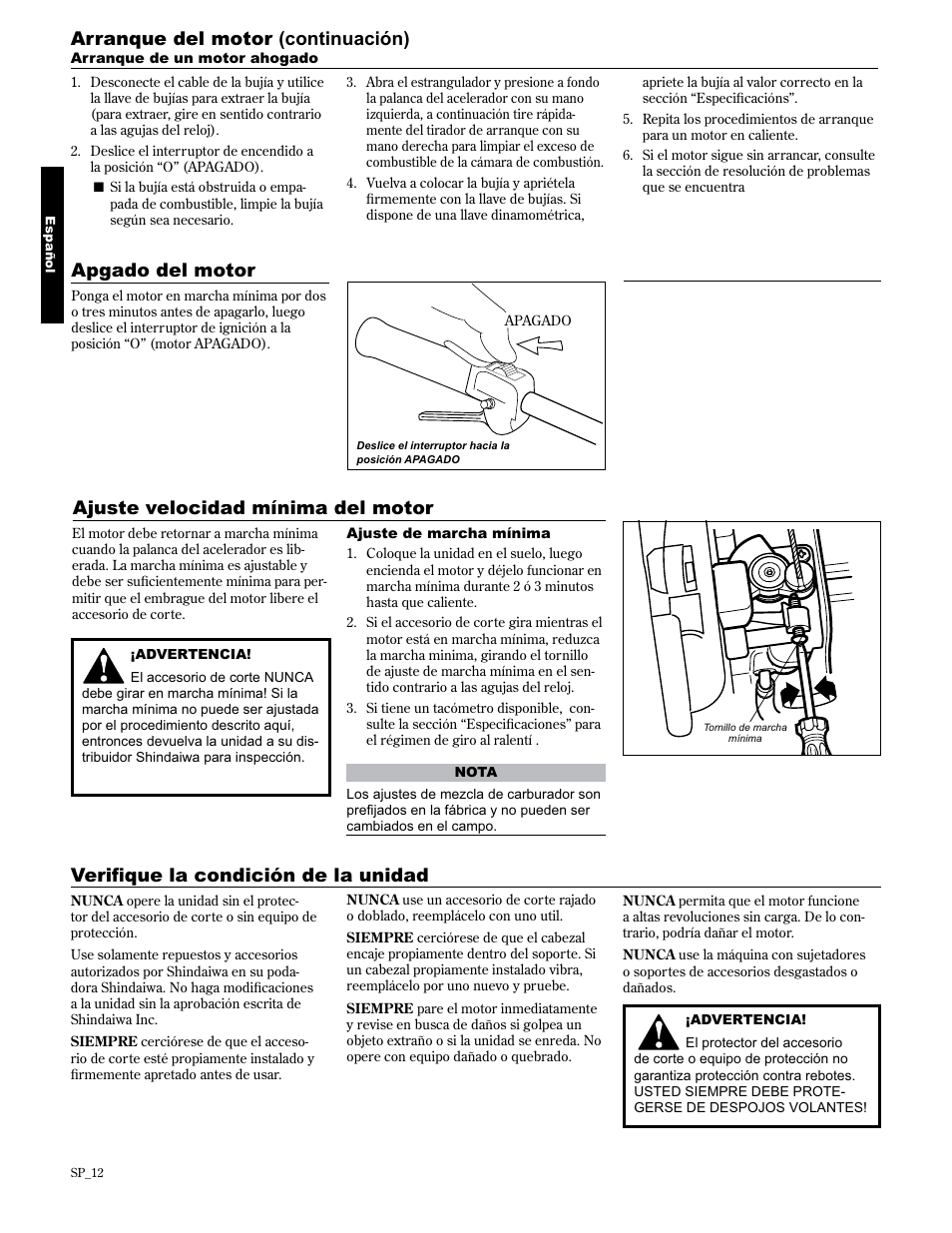 9hulàtxhodfrqglflyqghodxqlgdg, Apgado del motor ajuste velocidad mínima del motor, Arranque del motor (continuación) | Shindaiwa 89300 User Manual | Page 36 / 72