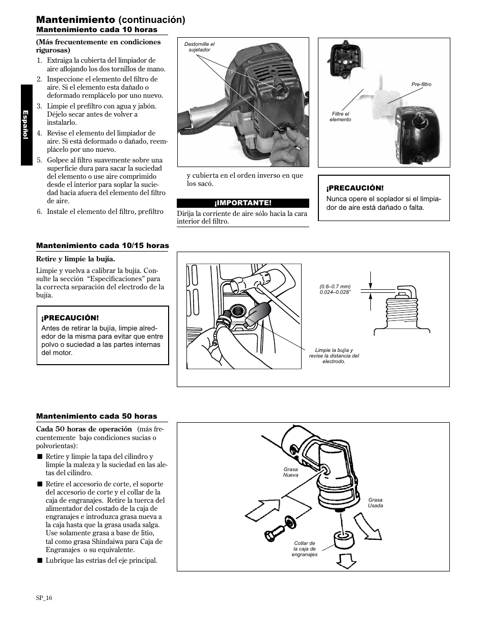 Mantenimiento (continuación) | Shindaiwa 89300 User Manual | Page 40 / 72