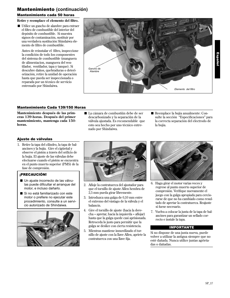 Mantenimiento (continuación) | Shindaiwa 89300 User Manual | Page 41 / 72