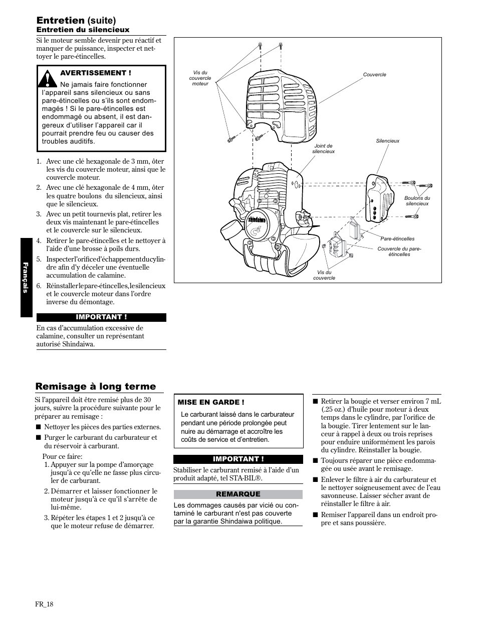 Remisage à long terme, Entretien (suite) | Shindaiwa 89300 User Manual | Page 66 / 72