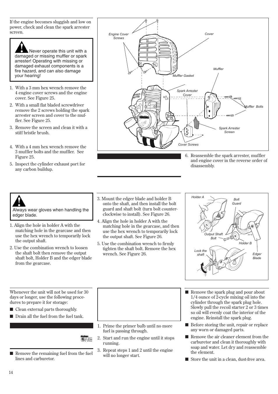 Spark arrester screen maintenance, Long term storage, Replacing the edger blade | Shindaiwa 81719 User Manual | Page 14 / 36